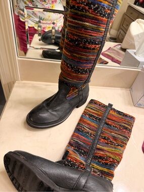Women’s Black Leather Boots with Multicolor Knit Shaft